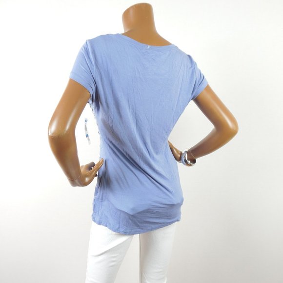 INC Top XL Blue Confetti Sequin  Party Shirt Stretch Short Sleeve Runs Small - Picture 7 of 8